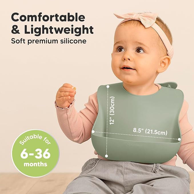 KeaBabies 2-Pack Silicone Baby Bibs for Eating - Sturdy Food-Grade Silicone Bibs for Babies Girl, Boy, Large Food Catcher, Clean & Put On Easily, Waterproof Toddler Feeding Essentials (Sage)-BubblyBeeBaby