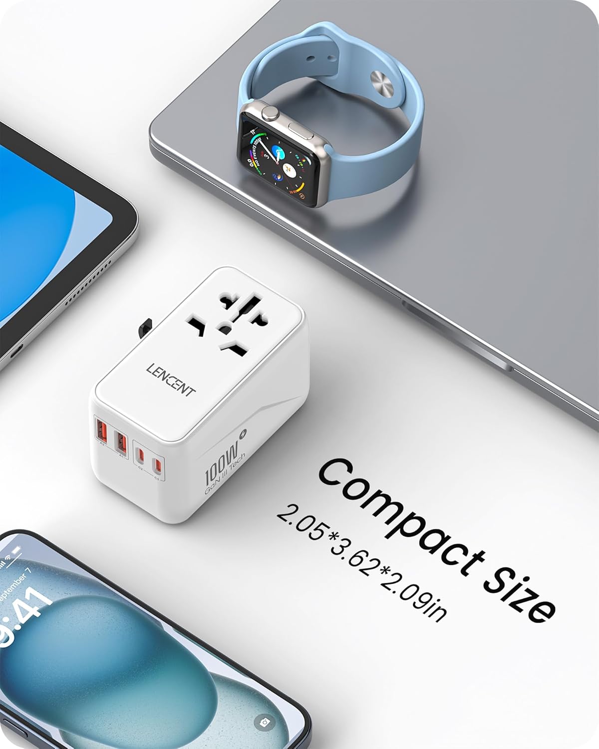 LENCENT Universal Travel Adapter, 100W GaN3 International Adaptor with 2 QC3.0 USB-A+2 PD3.0 Type-C PPS Fast Charging, Worldwide Wall Charger for iPhone,Laptop, Plug Adapter USA/UK/EU/AU