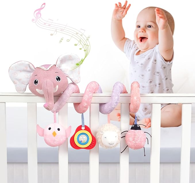 Jollybaby Baby Car Seat Stroller Toys, Plush Activity Hanging Spiral Activity Pram Crib with Music Box, Rattles, Squeaker for Babies Infant Boys Girls(SZ Pink Elephant)-BubblyBeeBaby