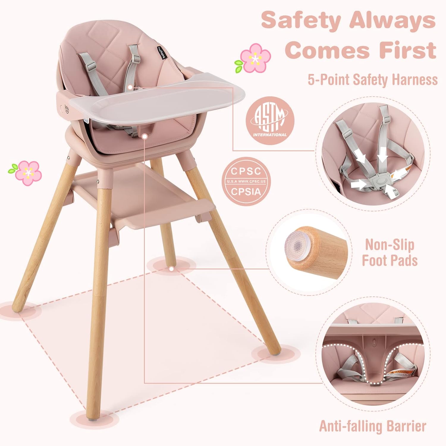 BABY JOY Baby High Chair, 6 in 1 Convertible Wooden High Chair for Babies & Toddlers with Adjustable Legs, Double Removable Tray, Safety Harness & Waterproof PU Cushion (Pink)