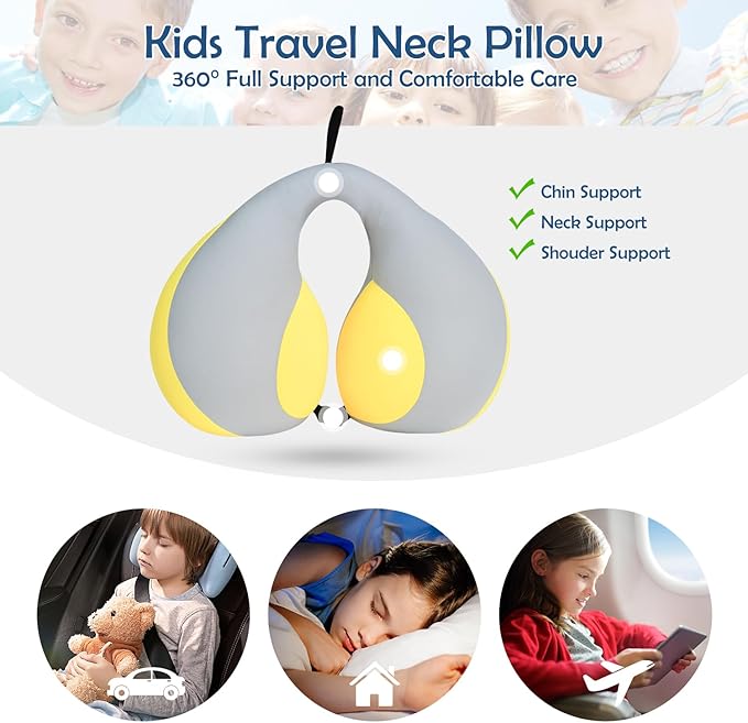MOOB Kids Travel Pillow for Car Seat Kids U-Shape Travel Neck Pillow Support Children Stroller Pillow Grey Yellow-BubblyBeeBaby