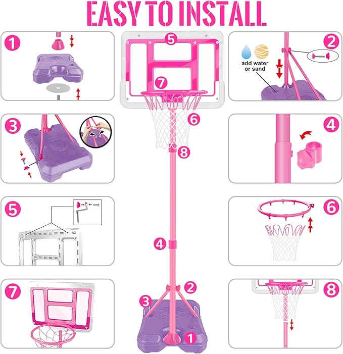 Kids Basketball Hoop with Stand, Adjustable Basketball Set, Toddler Basketball Toys for Boys Age 3 4 5 6 7 8, Indoor Outdoor Backyard Sport Game Gifts Pink-BubblyBeeBaby