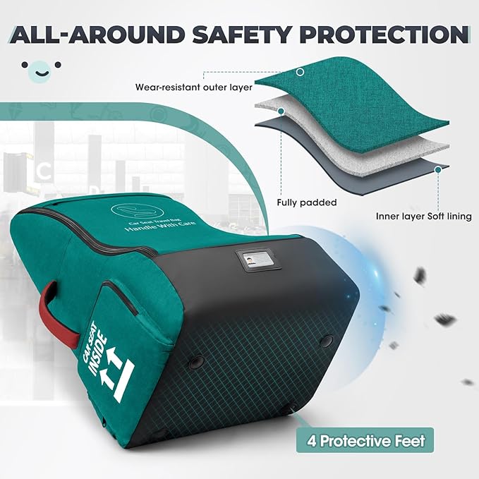 RAINSMORE Padded Car Seat Travel Bag for Airplane Heavy Duty Car Seat Backpack for Air Travel Baby Carseat Cover Bags for Airport Large Car Seats Carrier Fits Car Seats & Booster Seats, Green-BubblyBeeBaby