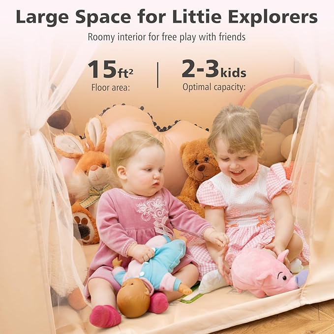 INFANS Kids Play Tent with Glow in The DarkWashable Mat Star Light Windows, Anti-Trip Large Playhouse Toys for Children Boys Girls, Indoor Outdoor Princess Tents Castle for Toddlers (Fluorescent Pink)-BubblyBeeBaby