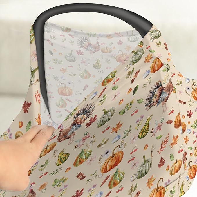 Thanksgiving Turkey Pumpkins Car Seat Covers Vintage Autumn Leaves Stretchy 5-in-1 Cover Adjustable Infant Carseat Cover Canopy Fall Harvest Breathable Nursing Cover-Up-BubblyBeeBaby