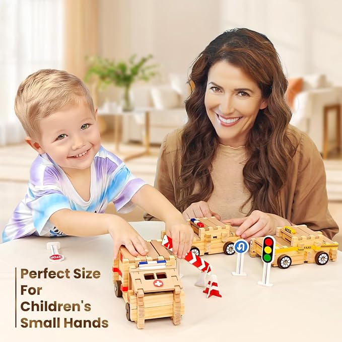 Jovi-mindly＆Notchies Wooden Blocks Train Set 101 PCS Create 40+ Shapes,Toys Educational Wooden Building Blocks Puzzles for Kids Ages 5-8 Boys and Girls,Truck/Excavator,FSC Certified,Graduate Gifts-BubblyBeeBaby