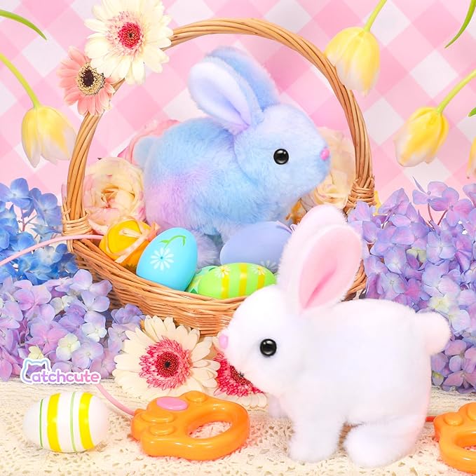 Hopping Plush Bunny Easter Interactive Toys for Kids,Can Wagging Tail and Twitching Nose with Remote Control Leash,Easter Eggs and Decorations,Easter Christmas Birthday Gift for Toddlers-BubblyBeeBaby