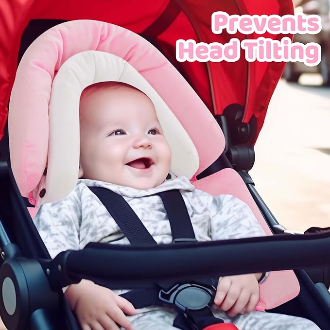 Pro Goleem Breathable 3-in-1 Baby Car Seat Head Support, Soft Infant Car Seat Insert, Carseat Cushion for Newborn, Perfect for Car Seat, Strollers, Swings, Carrier, Bouncer, Pink and White-BubblyBeeBaby