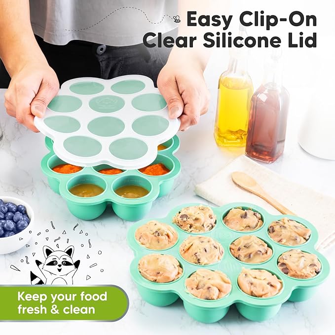 KeaBabies Silicone Food Freezer Trays with Lid, 2oz x 10 Pods Baby Food Storage Containers, Easy Puree Meal Prep, Breast Milk Silicone Freezer Molds, Dishwasher,Microwave Safe,BPA-Free(Alpine Green)-BubblyBeeBaby