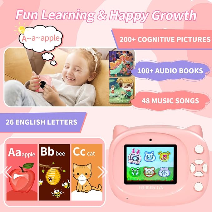 Instant Print Camera Toy for Kids, Girls Birthday Gifts for 3 4 5 6 7 8 Year Old Learning Music Story Player, 1080P HD Dual-Lens Creative Instant Camera (Pink)-BubblyBeeBaby