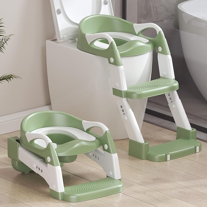 2-in-1 Toddler Potty Training Toilet Seat with Step Stool Ladder – Adjustable Height Potty Chair Urinal for Baby Boys Girls Age 1-3, Foldable Training Potty with Splash Guard & Anti-Slip Feet, Green-BubblyBeeBaby