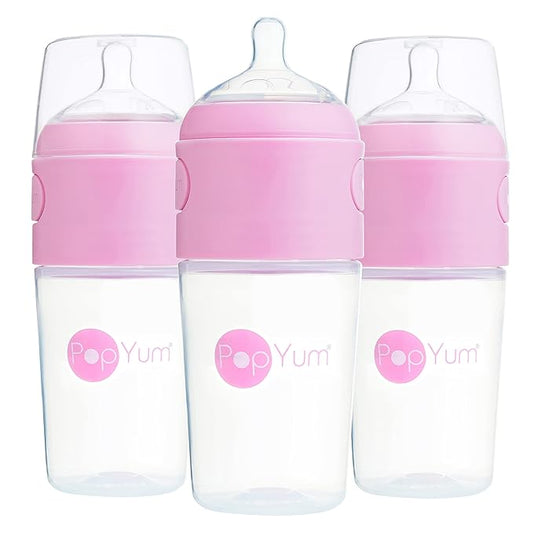 PopYum 9 oz Pink Anti-Colic Formula Making/Mixing/Dispenser Baby Bottles, 3-Pack with #2 Medium Flow Nipples, 260 ml, BPA-Free, Natural Latch-BubblyBeeBaby