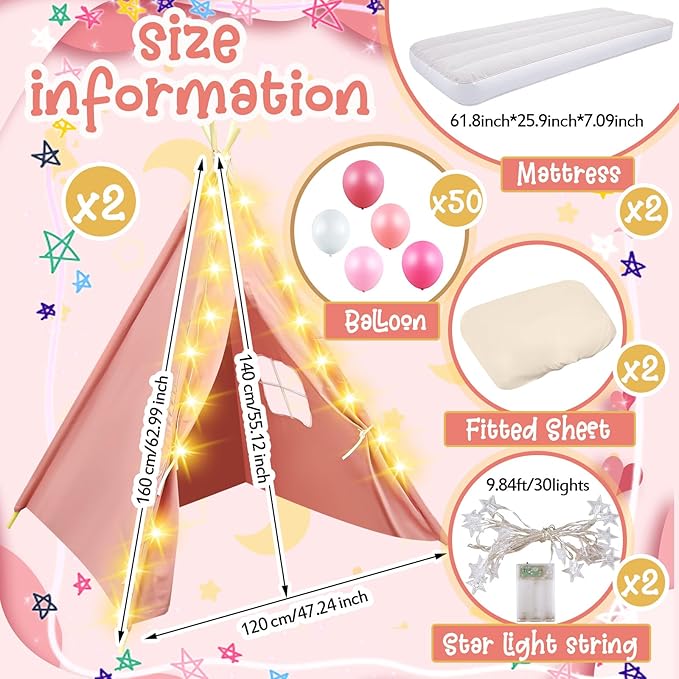 2 Pack Kids Teepee Tent with Mattress,Fitted Sheet,Light String,Washable Natural Cotton Toddler Play Tent for Girls Boys Indoor Outdoor Sleepover Slumber Birthday Party(Pink)-BubblyBeeBaby