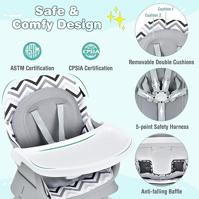 HONEY JOY 8 in 1 Baby High Chair, Convertible Highchair for Babies and Toddlers/Table and Chair Set/Building Block Table/Booster Seat/Stool/Toddler Chair with Safety Harness (Wave Gray)-BubblyBeeBaby