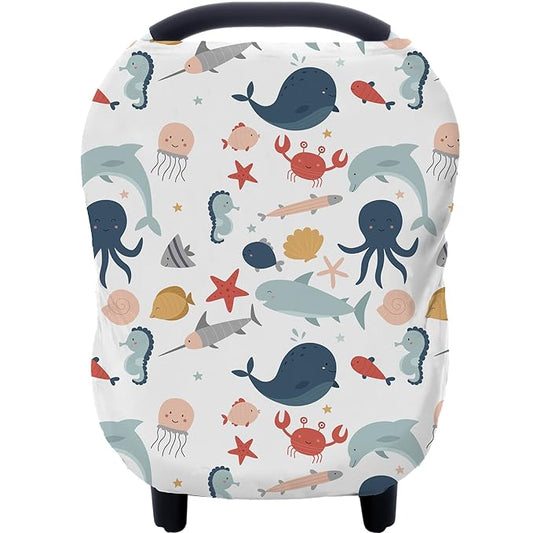 Carseat Cover Boy and Girls - Multi-use Nursing Car Seat Canopy Cover for Breastfeeding, Infant Stroller Cover, High Chair Cover (Cute Fish)-BubblyBeeBaby