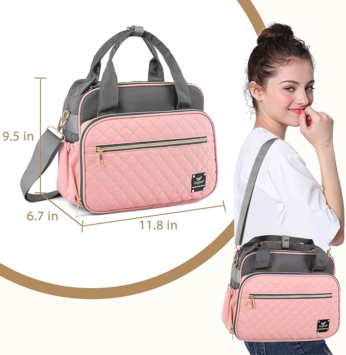 Crossbody Small Diaper Bag, Cute Mini Baby Diaper Tote Bags with Insulated Pockets for Traveling Outdoor Parent, Pink & Gray-BubblyBeeBaby
