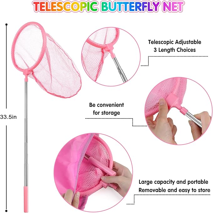 INNOCHEER Kids Explorer Kit & Bug Catcher Kit & Safari Costume Kit, Outdoor Exploration Set with Hat, Vest, Butterfly Net and Bugs Book for Boys Girls 3-12 Years Old (Camouflage Pink)-BubblyBeeBaby