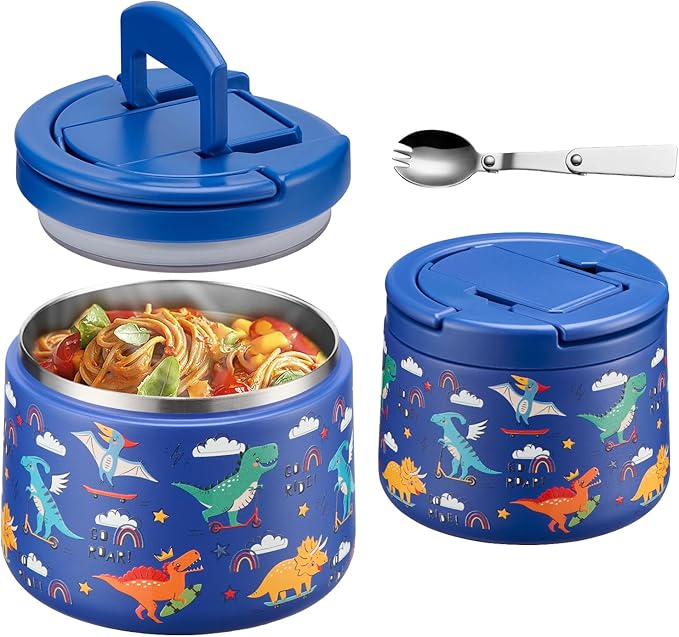 14oz Insulated Vacuum Food Jar with Buckle Lid,Soup Thermo for Hot Food Kids,Wide Mouth Leakproof Stainless Steel Lunch Container with Spoon-Dinosaur-BubblyBeeBaby