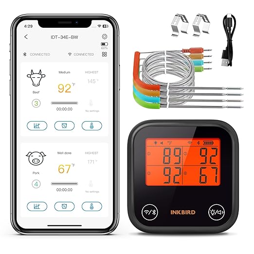 INKBIRD Dual Mode WiFi Wireless Meat Thermometer, 4 Probes with Clear LCD for Smoking, Bluetooth Meat Thermometer with Smart APP Control for Oven, Cooking-BubblyBeeBaby