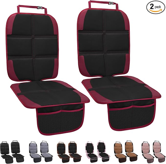 Car Seat Protector for Child, 2 Pack With Mesh Pockets & Non-Slip Backing 600D Durable Under Baby Seat Cover for Back Seat (Burgundy, Standard)-BubblyBeeBaby