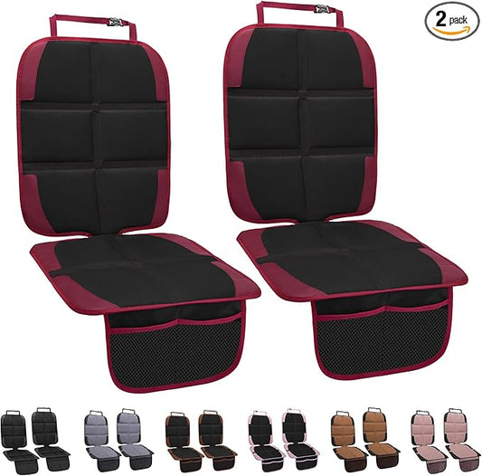 Car Seat Protector for Child, 2 Pack With Mesh Pockets & Non-Slip Backing 600D Durable Under Baby Seat Cover for Back Seat (Burgundy, Standard)-BubblyBeeBaby