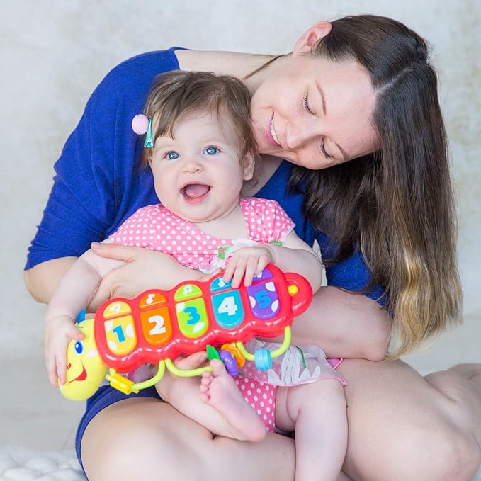 KiddoLab Lira Baby Musical Toy with Lights & Music – Interactive Caterpillar Spinner & Stacking Rings for Infants 3+ Months – Soft Stuffed Animal Head for Sensory Play-BubblyBeeBaby