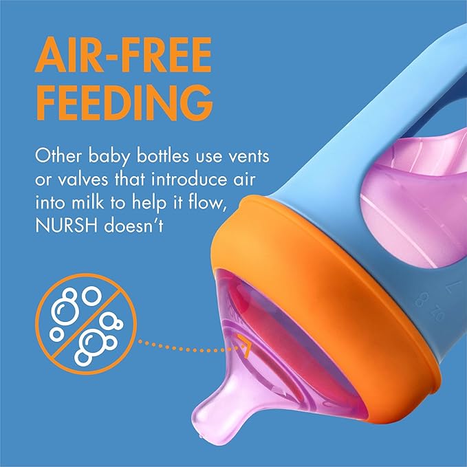 Boon Nursh Reusable Silicone Pouch Baby Bottles - Medium Flow Nipple - Silicone Baby Bottle Pouch and Nipple - Baby Feeding Essentials - Color Block - 3-6 Months - 3 Count - 8 Ounce-BubblyBeeBaby