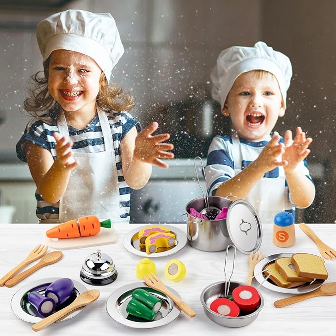 Juboury Pretend Play Kitchen Set - Toy Kitchen Accessories with Stainless Steel Cookware Pots and Pans, Plates, Cooking Utensils, Kids Chef Coat & Hat, Wooden Play Food for Kids, Girls, Boys, Toddlers-BubblyBeeBaby