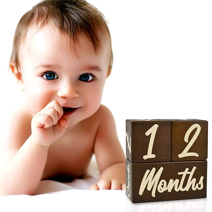 I'm Solid Wood Weekly Monthly Yearly Baby Milestone Age Blocks, Gender Neutral, Newborn Gifts & Keepsakes for Picture Props (3 Pcs/Brown)-BubblyBeeBaby