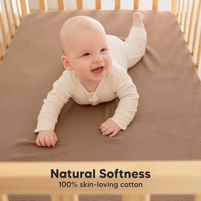 KeaBabies 2-Pack Muslin Crib Sheets for Boys, Girls - 100% Organic Cotton Fitted Baby Crib Mattress Sheet, Soft Breathable Standard Toddler Bed Cover Bedding Set, Neutral, Durable 52x28 (Russet)-BubblyBeeBaby