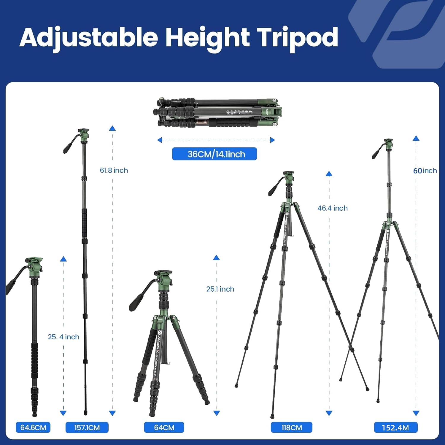 Fotopro 59" Carbon Fiber Travel Tripod, Compact Video Tripods with Fluid Head, Detachable Monopod with Quick Release Plate and Bag, Camera Tripod Load up to 8KG/17.63lbs, Green