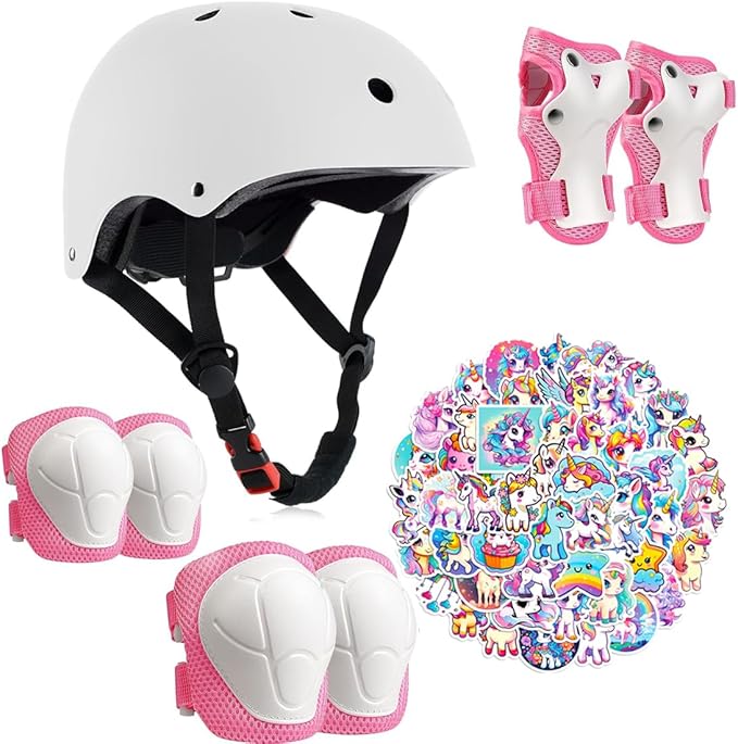 Kids Bike Helmet with Knee Elbow Wrist Pads Guards,Pink,for Ages 2-3-5-8-14,Sports Bicycle,Skate Scooter,Rollerblading with Unicorn Sticker-BubblyBeeBaby