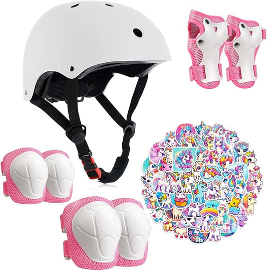 Kids Bike Helmet with Knee Elbow Wrist Pads Guards,Pink,for Ages 2-3-5-8-14,Sports Bicycle,Skate Scooter,Rollerblading with Unicorn Sticker-BubblyBeeBaby