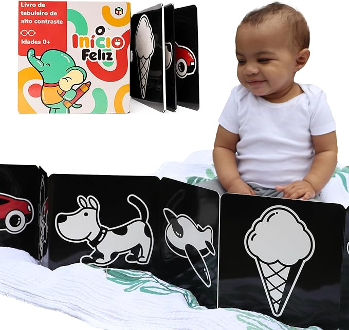 Happy Start Award-Winning High Contrast Board Book - Newborn Black & White Baby Cards, Easy to Clean, Hospital Approved, Stands on Its Own, Tummy Time Toy, Ages 0+ (Portuguese)-BubblyBeeBaby
