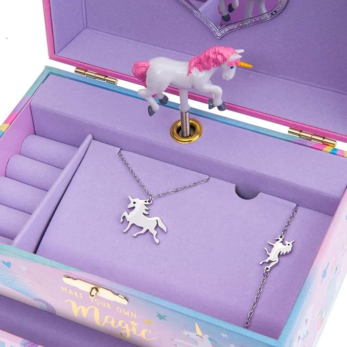 Jewelkeeper Unicorn Musical Jewelry Box for Little Girls - Kids Jewelry Box with Pullout Drawer - Music Jewellery Box with Necklace and Bracelet - Gift Set for Kids - Children's Jewellery Storage Case-BubblyBeeBaby