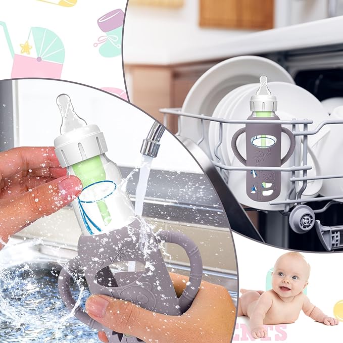 BUSOHA 3 Pack Silicone Sleeves for Dr Brown Glass Baby Bottles - Drop Protection Baby Bottle Sleeves,Compatible with Dr. Brown's Newborn Glass Bottles,with Silicone Handles,8 oz-BubblyBeeBaby