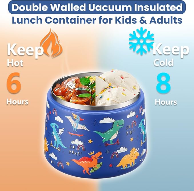 14oz Insulated Vacuum Food Jar with Buckle Lid,Soup Thermo for Hot Food Kids,Wide Mouth Leakproof Stainless Steel Lunch Container with Spoon-Dinosaur-BubblyBeeBaby