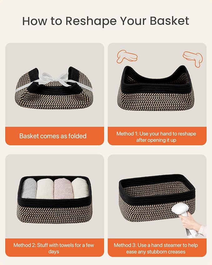 KALLAX Small Woven Basket, 12 x 8 x 4.5 Inches, Storage Basket for Organizing, Cute Small Rope Shelf Closet Cube Storage Bins Baskets for Shelves, Dog Toy Gift Baskets Empty, 3 Pack Black & Brown-BubblyBeeBaby