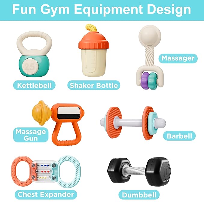 iPlay, iLearn Baby First Gym Rattle Set, Infant Dumbbell Weights Teething Rattles 3-6-12 Month, Newborn Workout Sensory Stroller Toy, Babies Birthday Shower Gift 5 7 8 9 10 Month Toddler Boy Girl-7PCS-BubblyBeeBaby