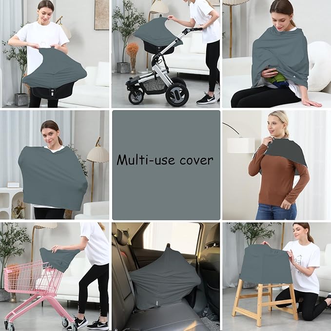 Car Seat Cover Baby for Nursing, Baby Breastfeeding Cover Carseat Canopy Covers, Solid Color Multi-use Nursing Cover for Babies (Neutral Grey)-BubblyBeeBaby