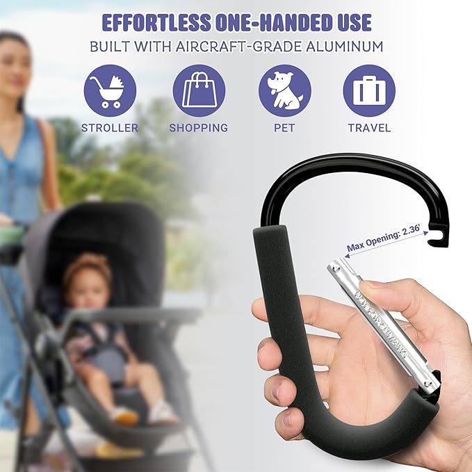 sprookber 6.7 Inch Large Stroller Hooks for Diaper Bags & Purses, Heavy Duty Mommy Hooks for Shopping, Grocery, Backpack – Baby Stroller Accessories, Set of 2 (Black)-BubblyBeeBaby