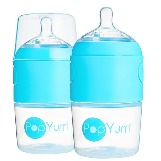 PopYum 5 oz Blue Anti-Colic Formula Making/Mixing/Dispenser Baby Bottles, 2-Pack with #1 Slow Flow Nipples, 150 ml, BPA-Free, Natural Latch-BubblyBeeBaby