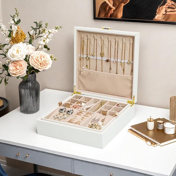 Jewelry Box Organizer for Women,White 2 Layer jewelry Stoarge Case,Built in Necklace Hook and Detachable Jewelry Tray,Indoor Jewelry Display Box-BubblyBeeBaby