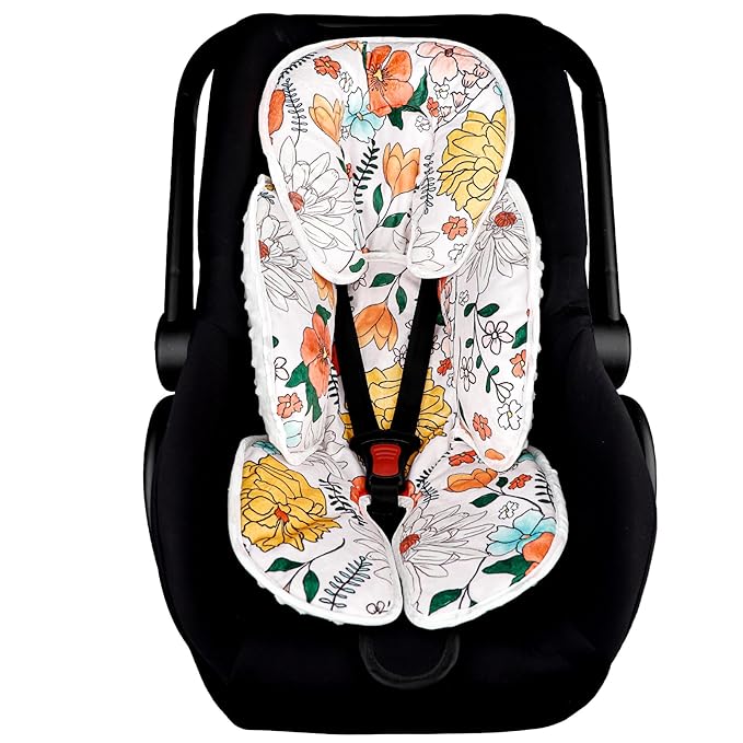 Pea Pod Baby Car Seat Head Support for Newborn, 2 in 1 Infant Car Seat Head Body Support for Girls Extra Soft Breathable Baby Car Seat Cushion Insert for Strollers, Swings, Bouncers, (Retro Floral)-BubblyBeeBaby