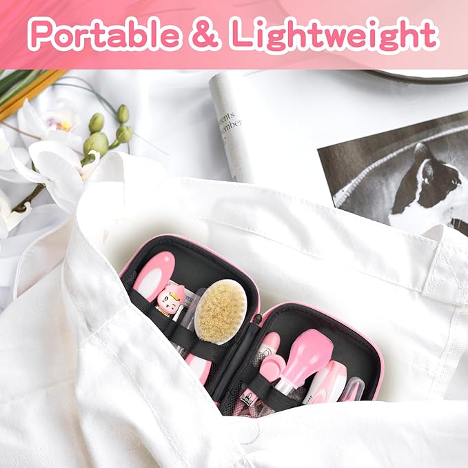 Infant Grooming Essentials: Electric Safety Nail Trimmer, Nasal Aspirator, Hair Brush, Comb, Nail Clipper (27 Piece Safety Care Set for Newborns - Pink)-BubblyBeeBaby