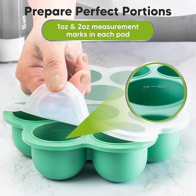 KeaBabies Silicone Food Freezer Trays with Lid, 2oz x 10 Pods Baby Food Storage Containers, Easy Puree Meal Prep, Breast Milk Silicone Freezer Molds, Dishwasher,Microwave Safe,BPA-Free(Alpine Green)-BubblyBeeBaby