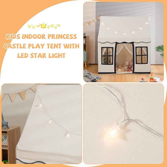 INFANS Kids Play Tent with Washable Mat Star Light Windows, Anti-Trip Large Playhouse Toys for Children Boys Girls, Indoor Outdoor Princess Tents Castle for Toddlers (Black)-BubblyBeeBaby