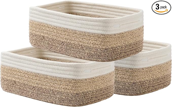 KALLAX Small Woven Basket, 12 x 8 x 4.5 Inches, Storage Basket for Organizing, Cute Small Rope Shelf Closet Cube Storage Bins Baskets for Shelves, Dog Toy Gift Baskets Empty, 3 Pack Gradient Brown-BubblyBeeBaby