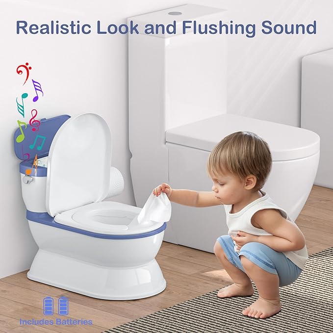 2-in-1 Toddler Potty Training Toilet - Larger Potty Chair & Detachable Training Seat for Boys & Girls Ages 1-3 with Flushing Sound, Wipes Storage, Toilet Paper Holder - Blue-BubblyBeeBaby
