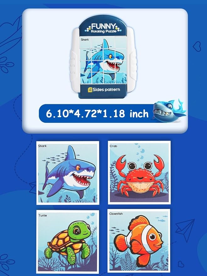 16-Piece Rotating Puzzles for Kids 4-6, Toddlers Puzzles 2-4, Road Trip, Airplane Activities Game, Travel Toys - Brain Teaser, Fine Motor Skills - Birthday Gifts Boys & Girls - Marine Life-BubblyBeeBaby